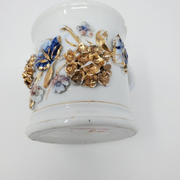 Antique German Porcelain Victorian Shaving Mug Raised Gold Flowers Cobalt Leaves - Picture 5 of 7